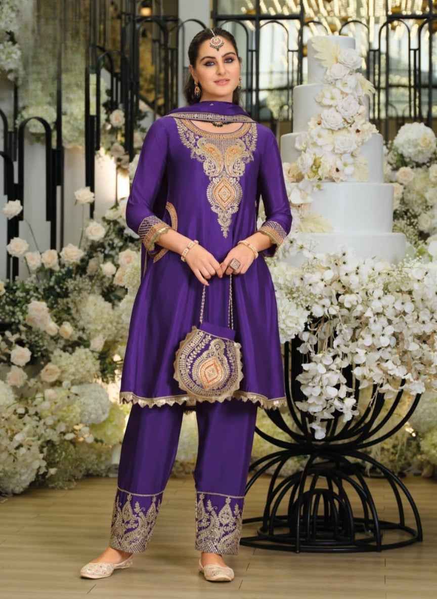 Exclusive Luxe Chinon Embroidery Suit Set | 3-Piece with Potli Bag