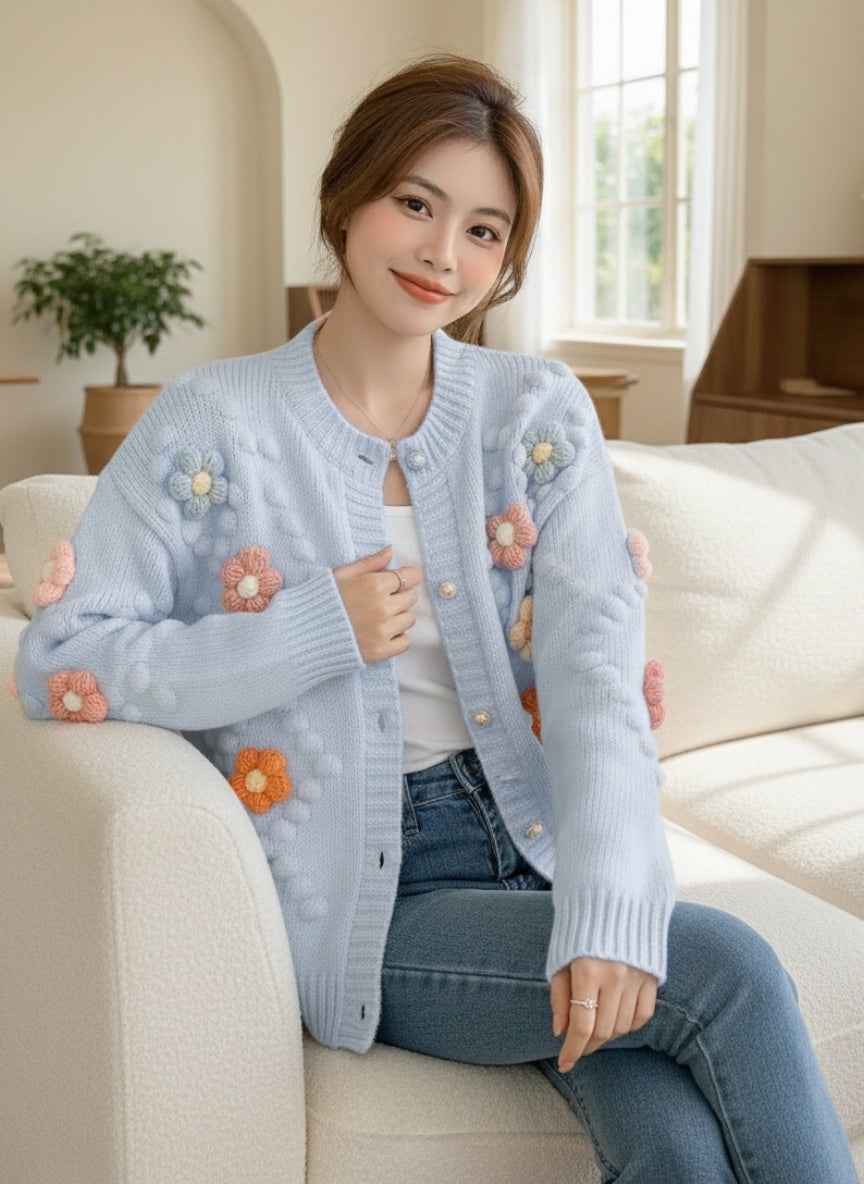 Women's 3D Floral Woolen Cardigan | Cute Knitted Sweater Jacke