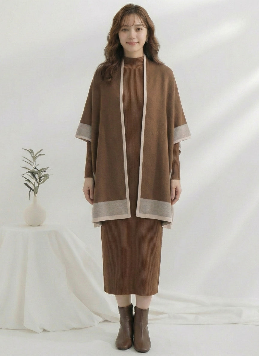 Elegant Knit Midi Dress with Matching Shawl