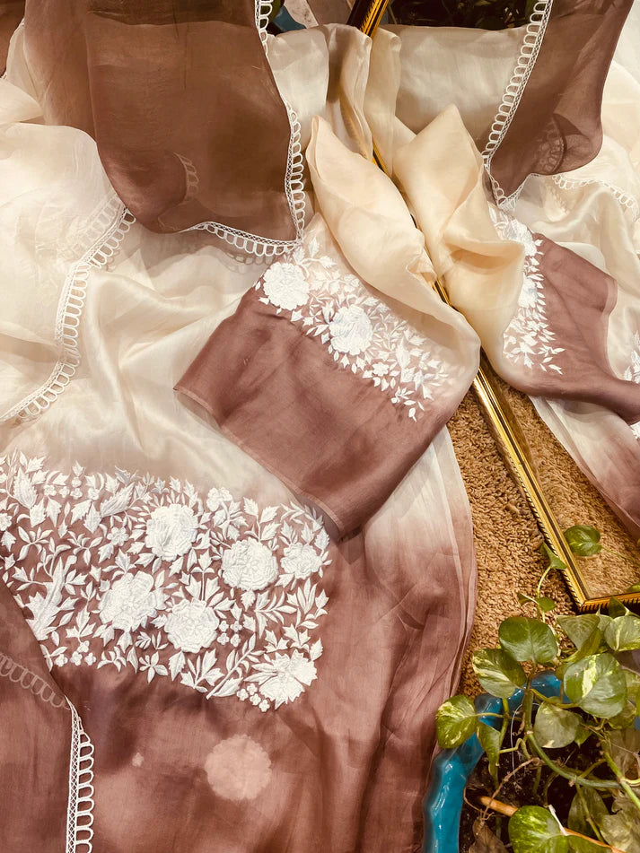Aabha: Upada Silk Embroidered Suit with Pure Organza Dupatta