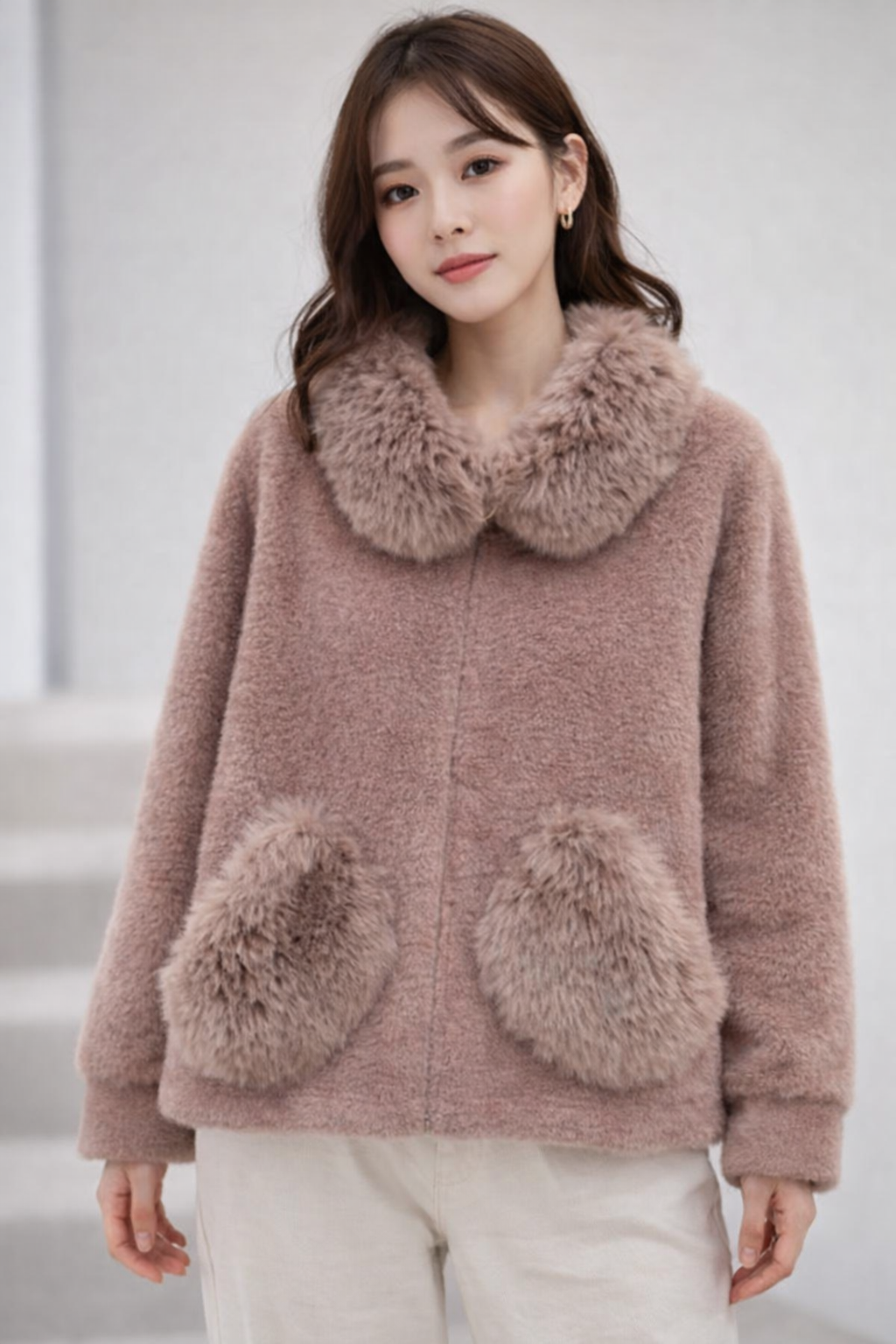 Women’s Winter Faux Fur Jacket with Plush Collar & Pocket Detail | Warm Soft Stylish Outerwear