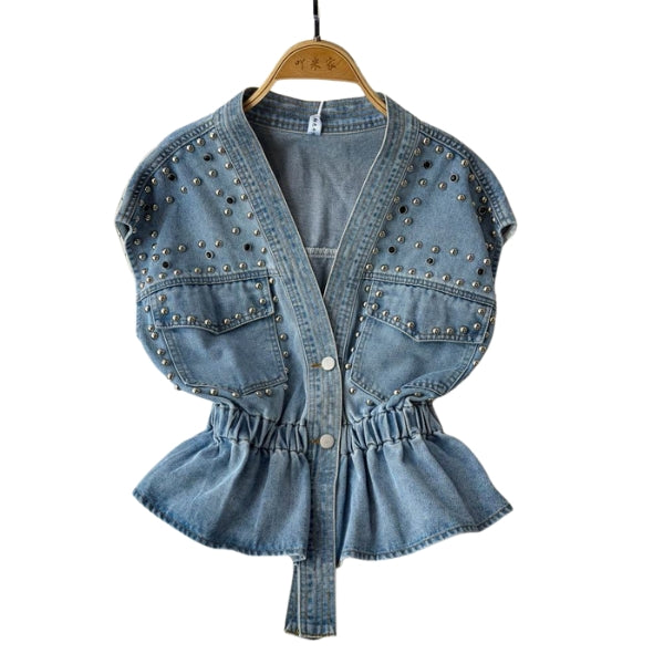 Studded Elegance Denim Vest