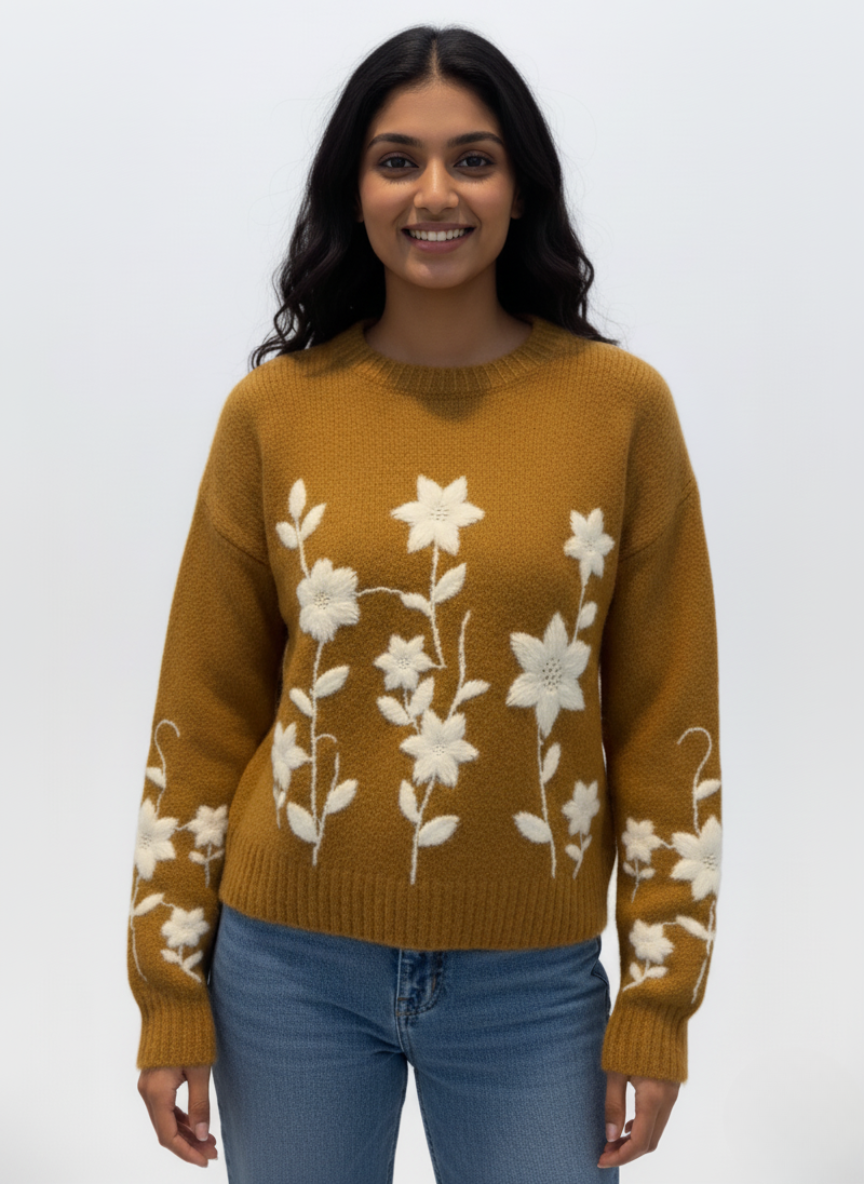 Korean-Style Floral Embroidery Sweater | Soft Knit Pullover