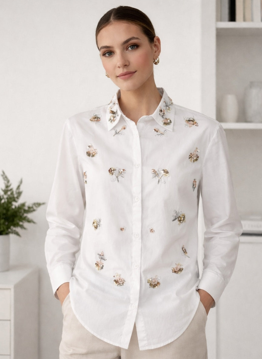 Luxury Sequin Floral Embroidered Korean Shirt | Imported Button-Down