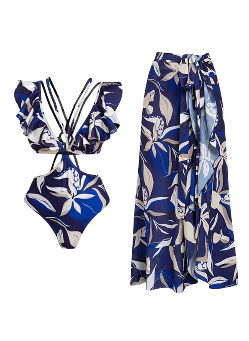 Luxury Tropical Floral Ruffle Swimwear Set | Cut-Out Monokini & Wrap Skirt