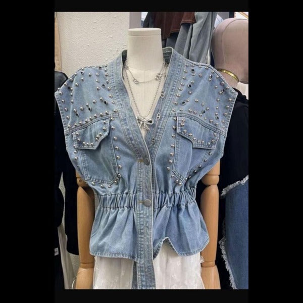 Studded Elegance Denim Vest