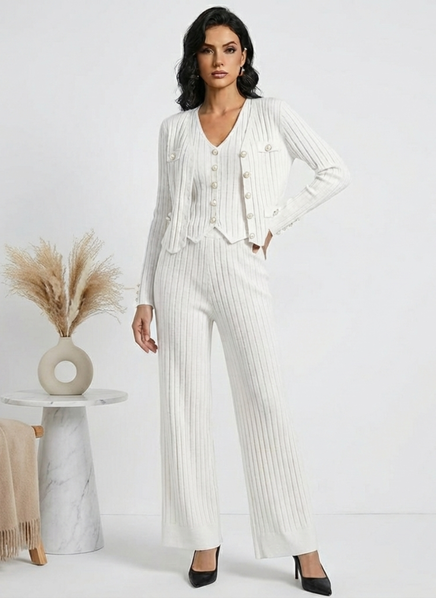 Elegant Ribbed Woolen 3-Piece Co-ord Set | Cardigan, Vest & Pants