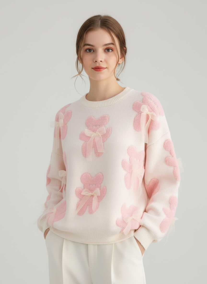 D Bow Teddy Bear Sweater | Playful Embellished Knit Pullover