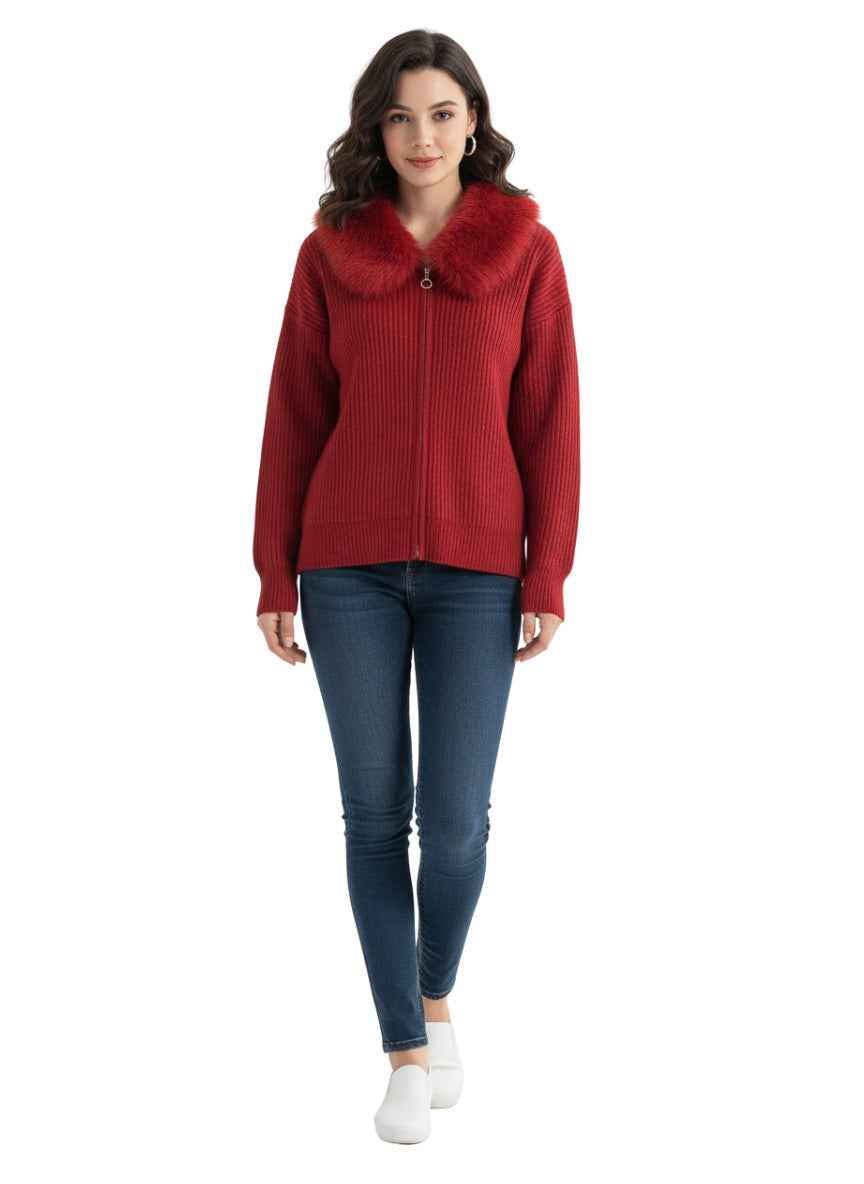 Women's Faux Fur Collar Zip-Front Cardigan | Ribbed Knit Sweater