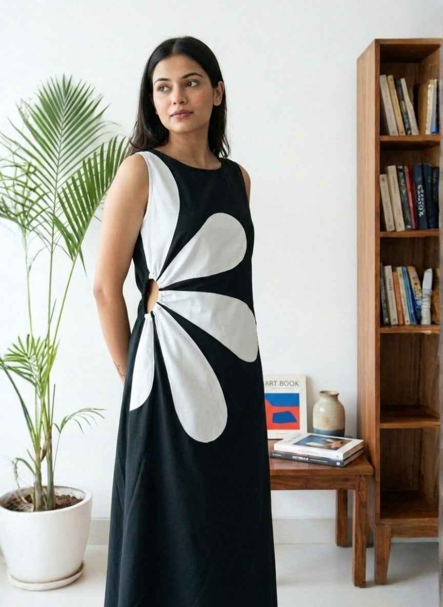 Imported Bold Floral Cut-Out Midi Dress | Sleeveless Statement Piece