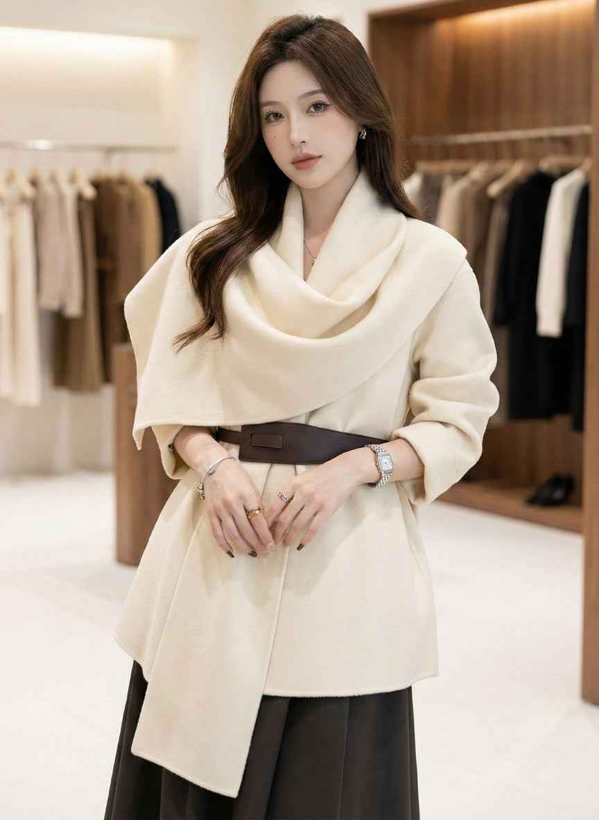 Chic Korean Woolen Poncho with Statement Belt | Elegant Cape Top