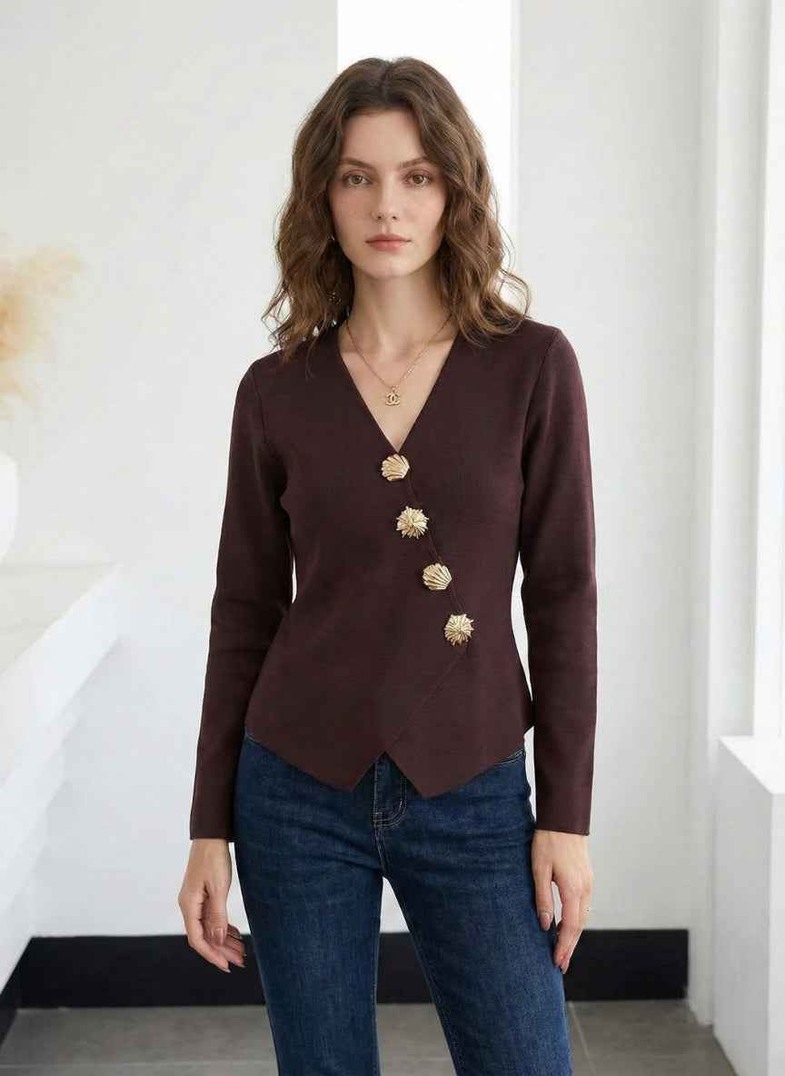 Elegant V-Neck Woolen Cardigan with Asymmetric Golden Buttons