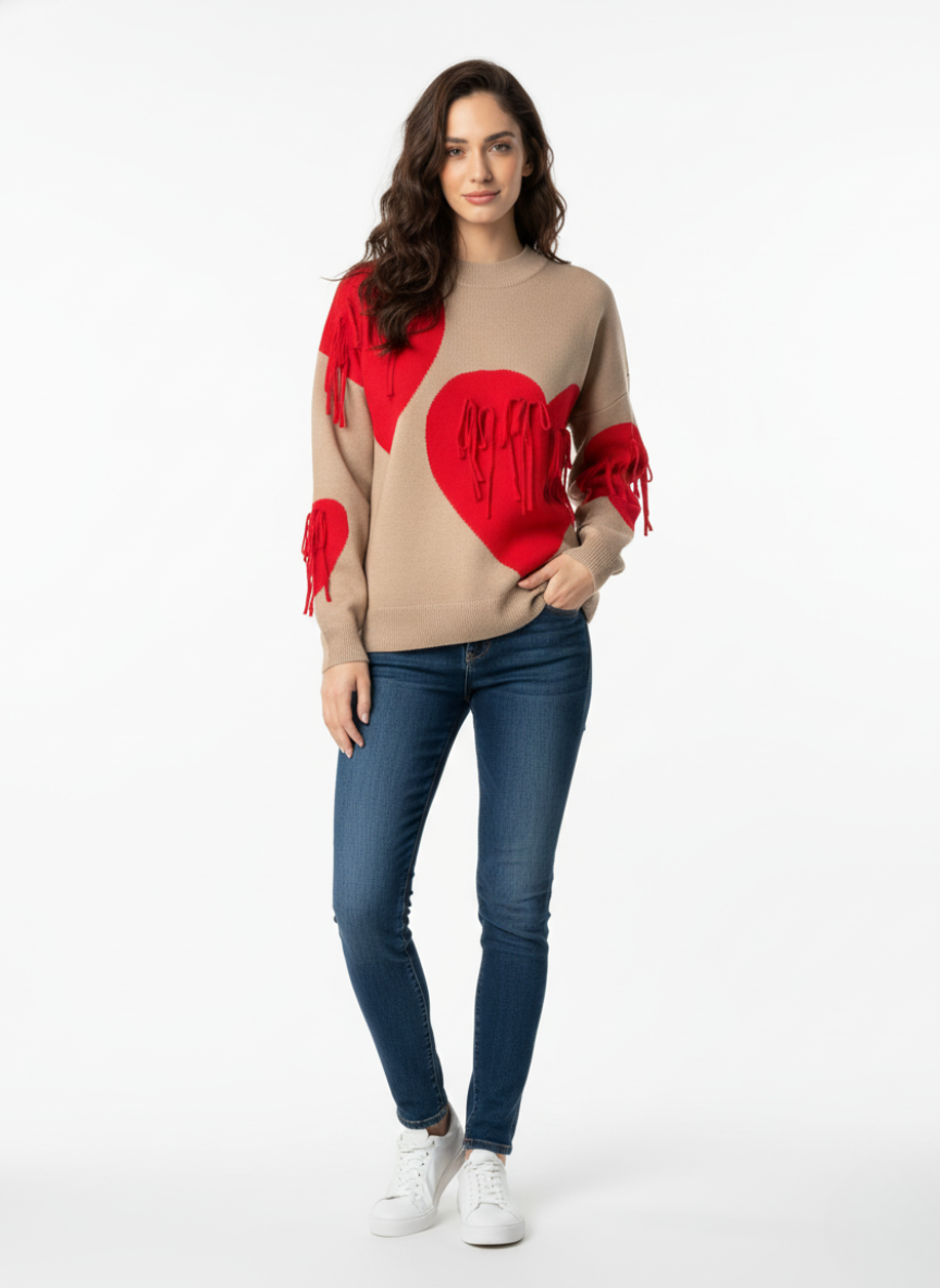 Women's Heart Design Fringe Sweater | Oversized Woolen Knit Pullover