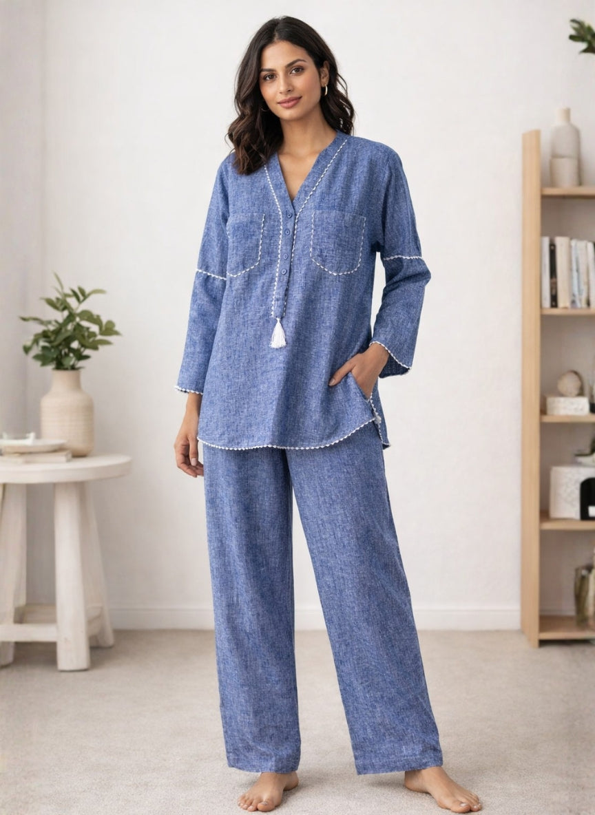 Imported Linen Crochet Trim Co-ord Set | Tunic Top & Wide-Leg Pants