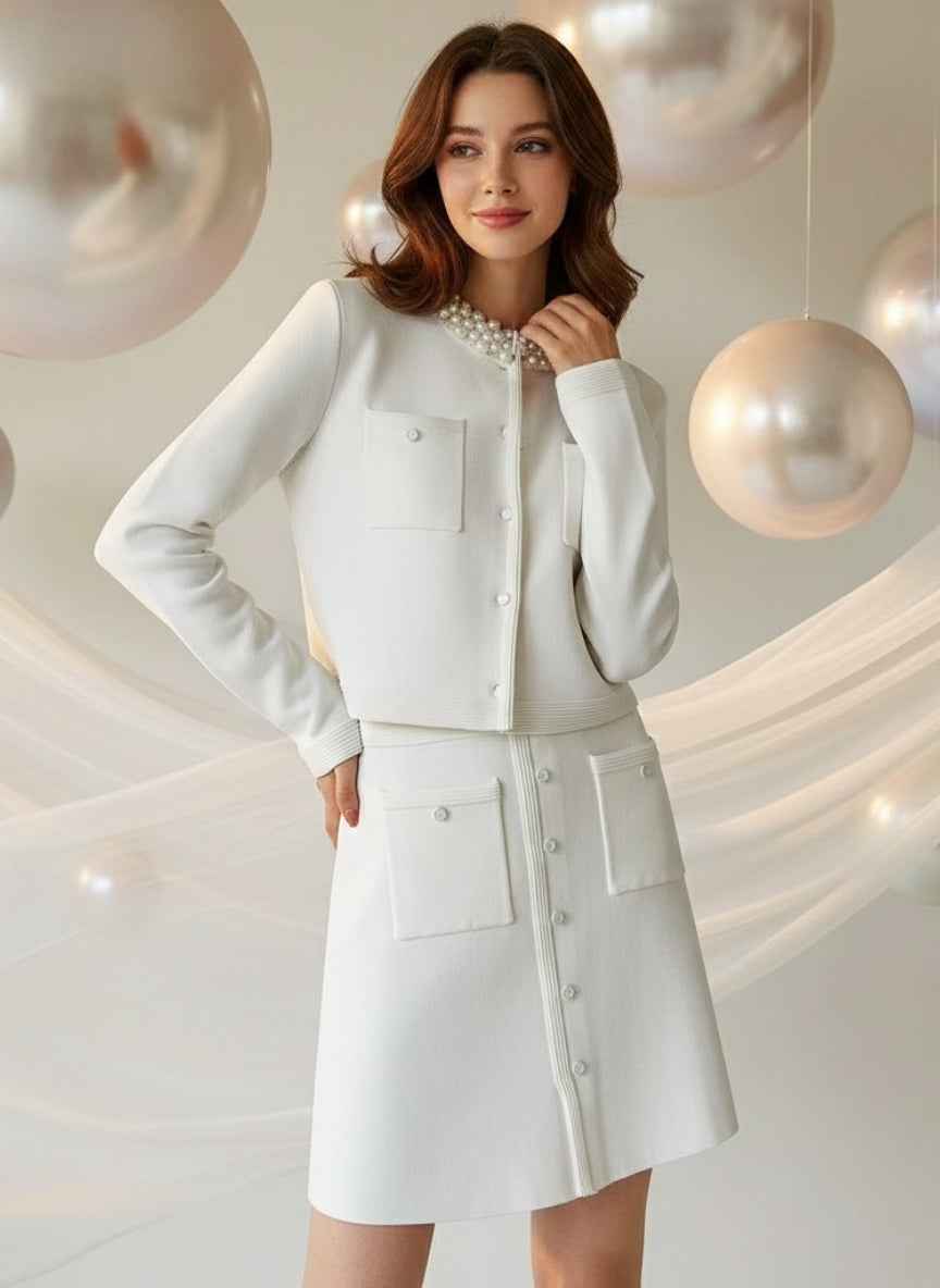 Elegant Pearl Collar Skirt Co-ord Set | Button-Down Jacket & Skirt