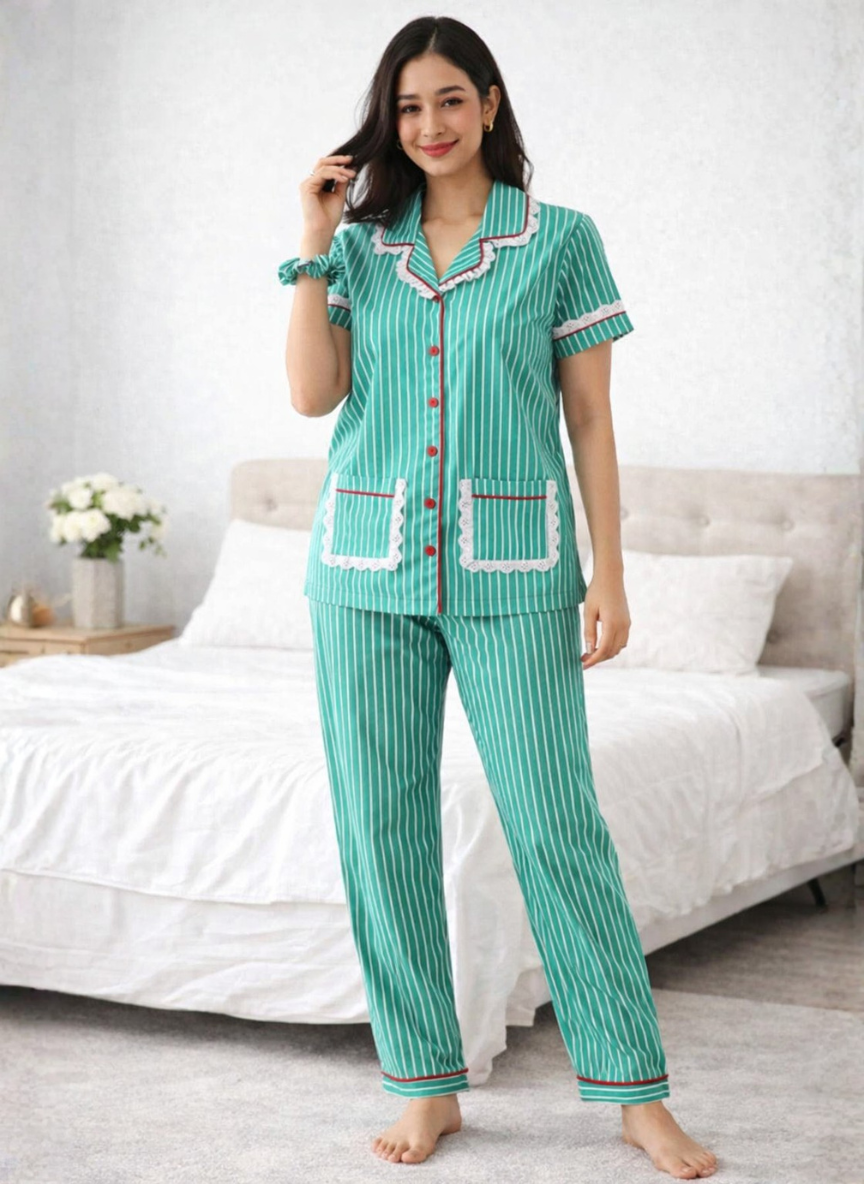 Pure Cotton Lace-Trim Pajama Set | Night Suit with Matching Scrunchie