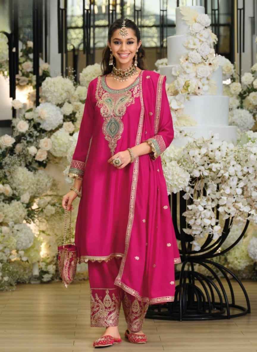 Exclusive Luxe Chinon Embroidery Suit Set | 3-Piece with Potli Bag