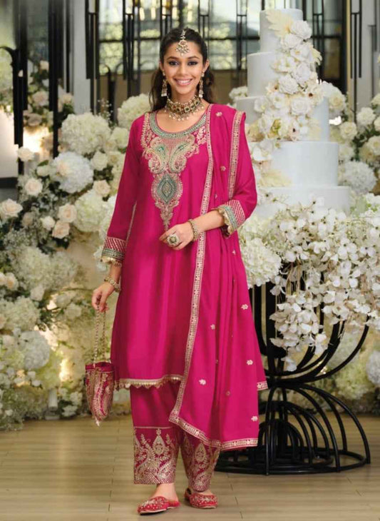 Exclusive Luxe Chinon Embroidery Suit Set | 3-Piece with Potli Bag