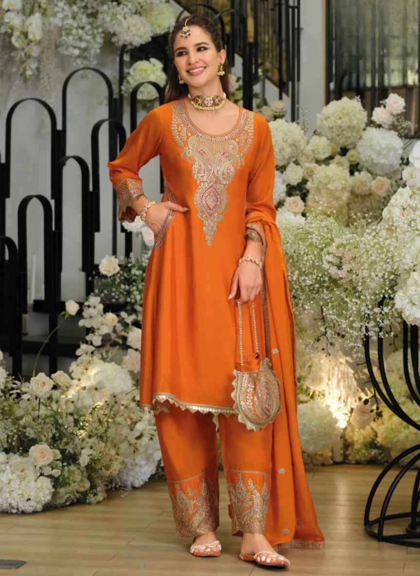 Exclusive Luxe Chinon Embroidery Suit Set | 3-Piece with Potli Bag