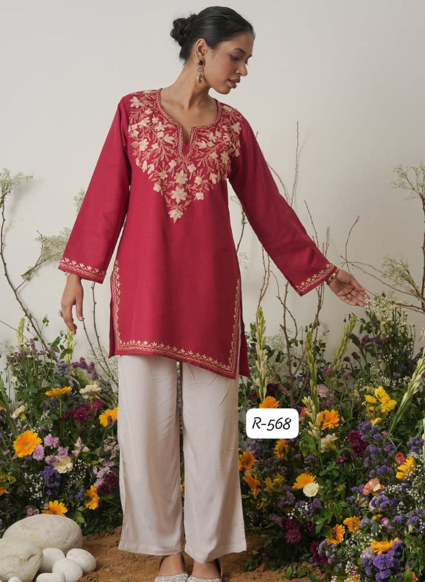 Authentic Kashmiri Handwork Aari Embroidery Short Kurti