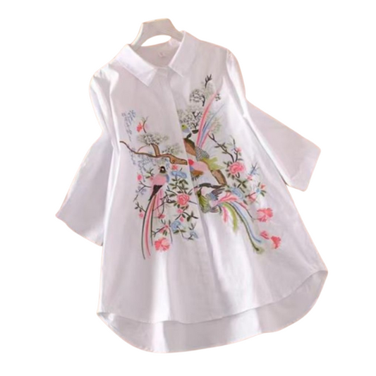 Chic Aviary Delight: Embroidered Aviary Cotton Shirt