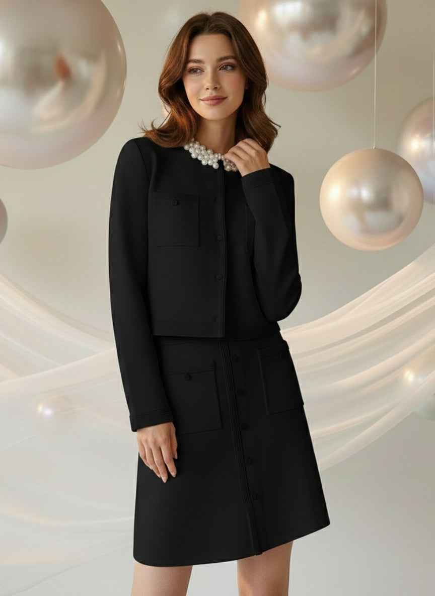 Elegant Pearl Collar Skirt Co-ord Set | Button-Down Jacket & Skirt