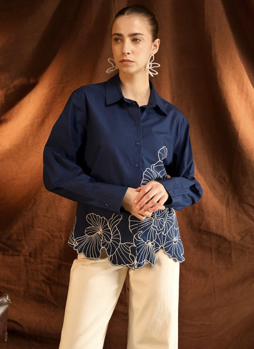 Embroidered Floral Shirt | Navy Blue Scalloped Hem & Cutwork Detail
