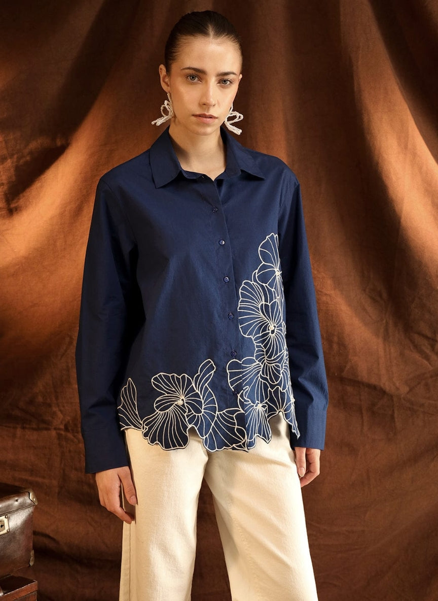 Embroidered Floral Shirt | Navy Blue Scalloped Hem & Cutwork Detail
