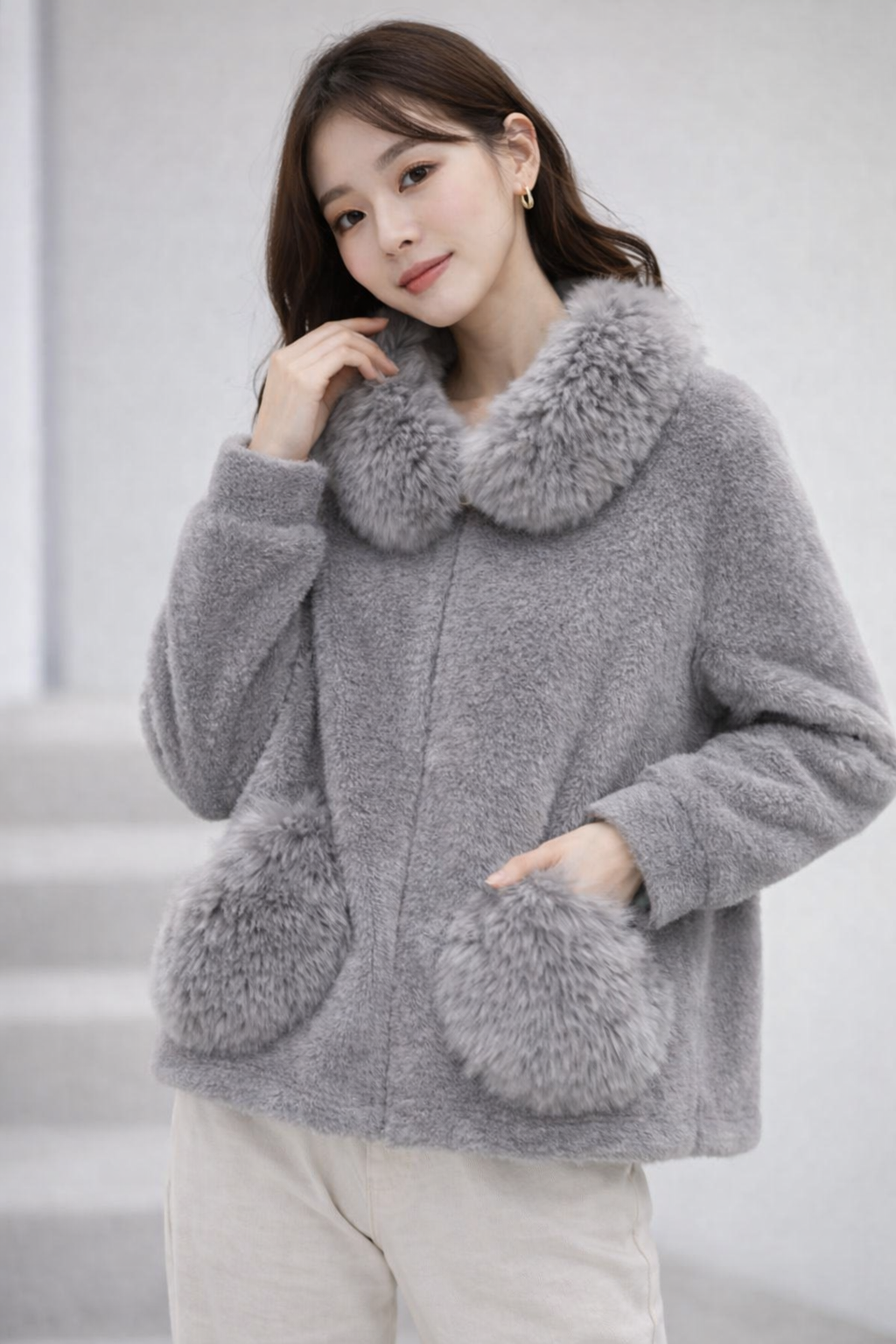 Women’s Winter Faux Fur Jacket with Plush Collar & Pocket Detail | Warm Soft Stylish Outerwear