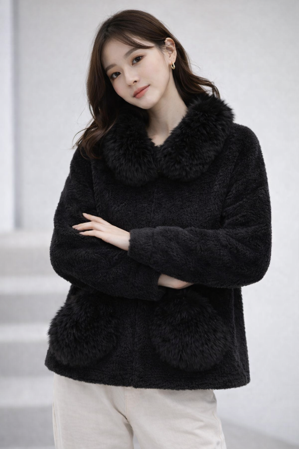 Women’s Winter Faux Fur Jacket with Plush Collar & Pocket Detail | Warm Soft Stylish Outerwear