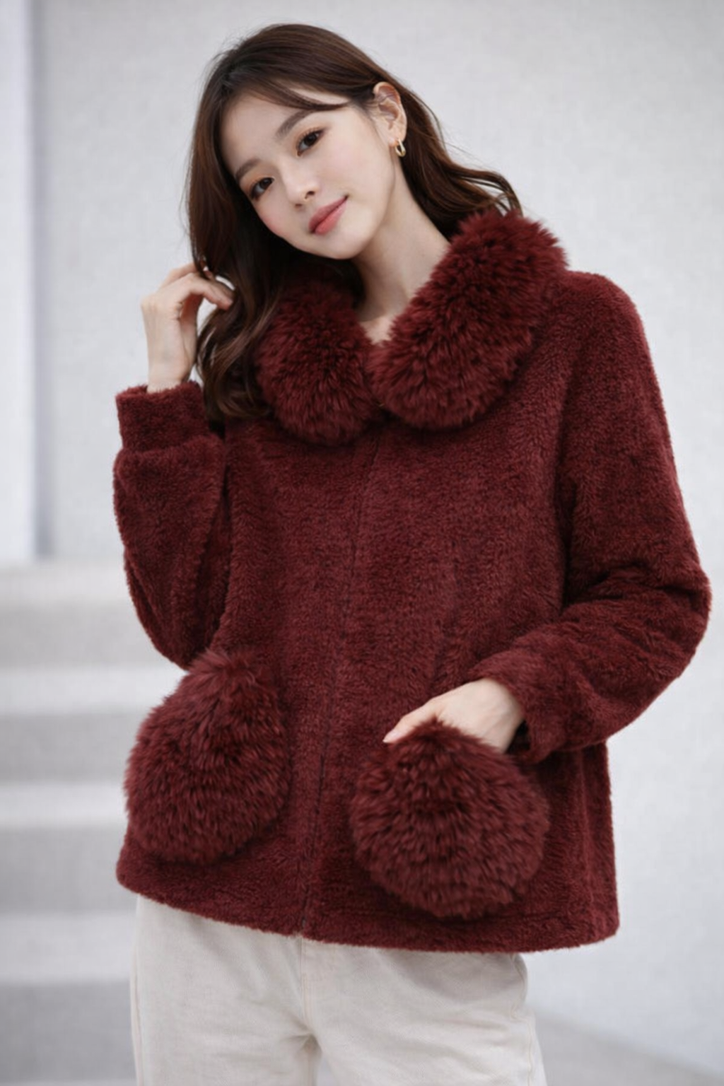 Women’s Winter Faux Fur Jacket with Plush Collar & Pocket Detail | Warm Soft Stylish Outerwear
