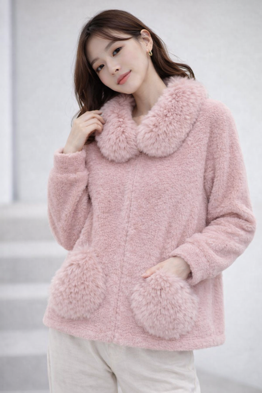 Women’s Winter Faux Fur Jacket with Plush Collar & Pocket Detail | Warm Soft Stylish Outerwear