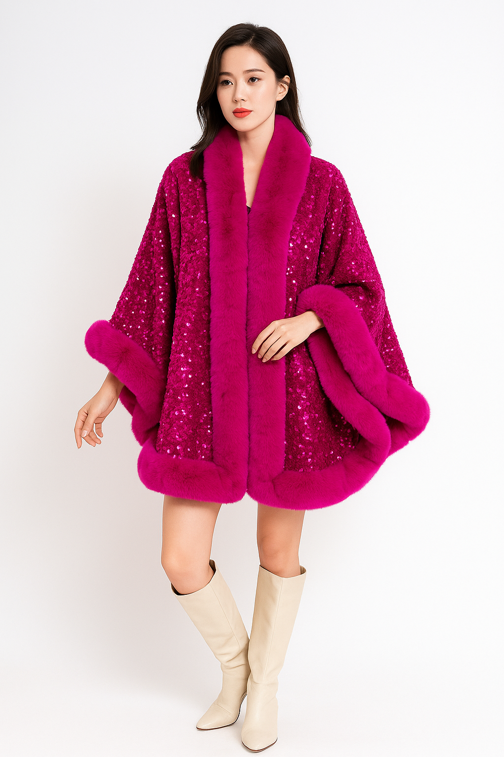 Luxe Sequin Cape with Faux Fur Trim | Evening & Party Poncho