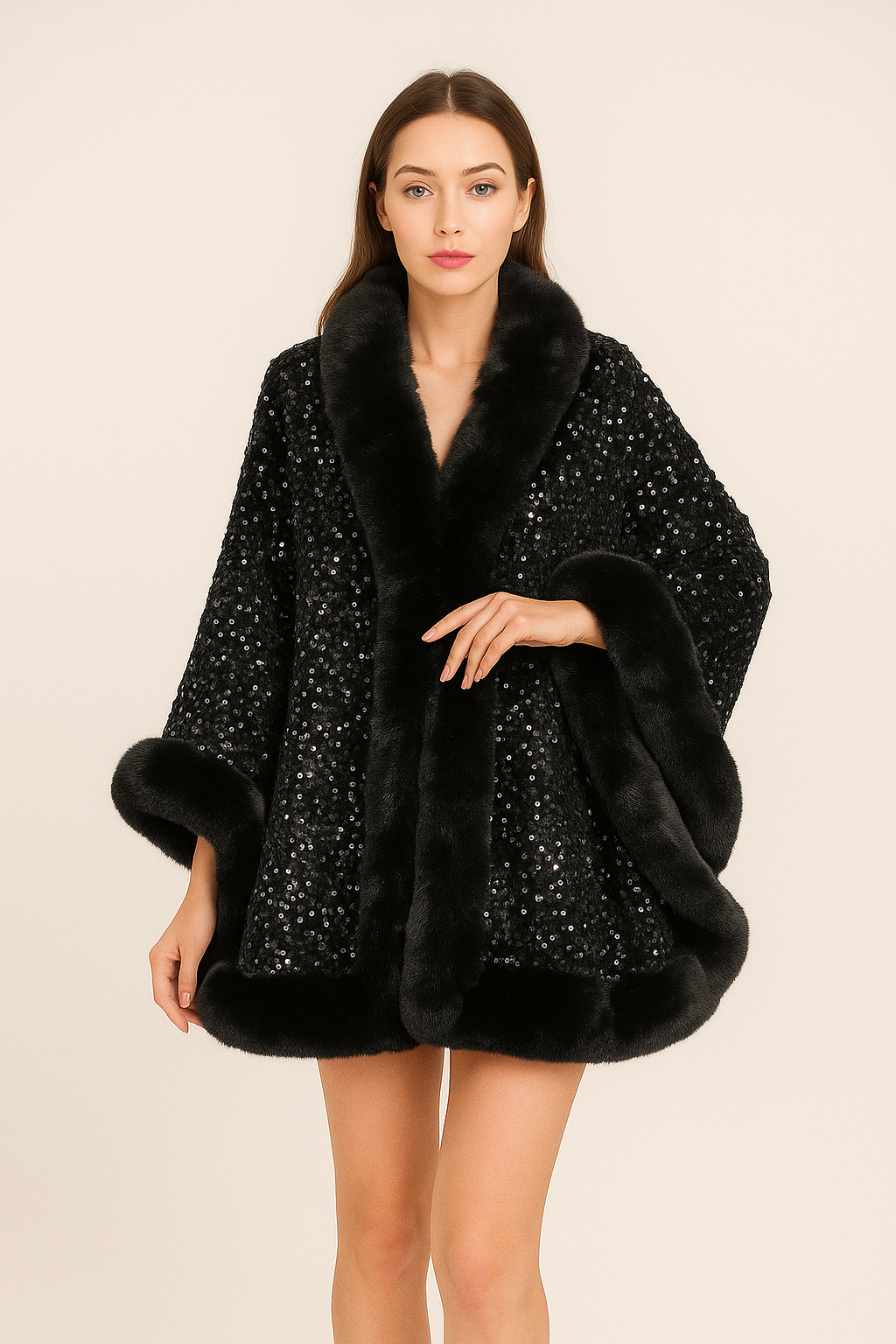 Luxe Sequin Cape with Faux Fur Trim | Evening & Party Poncho