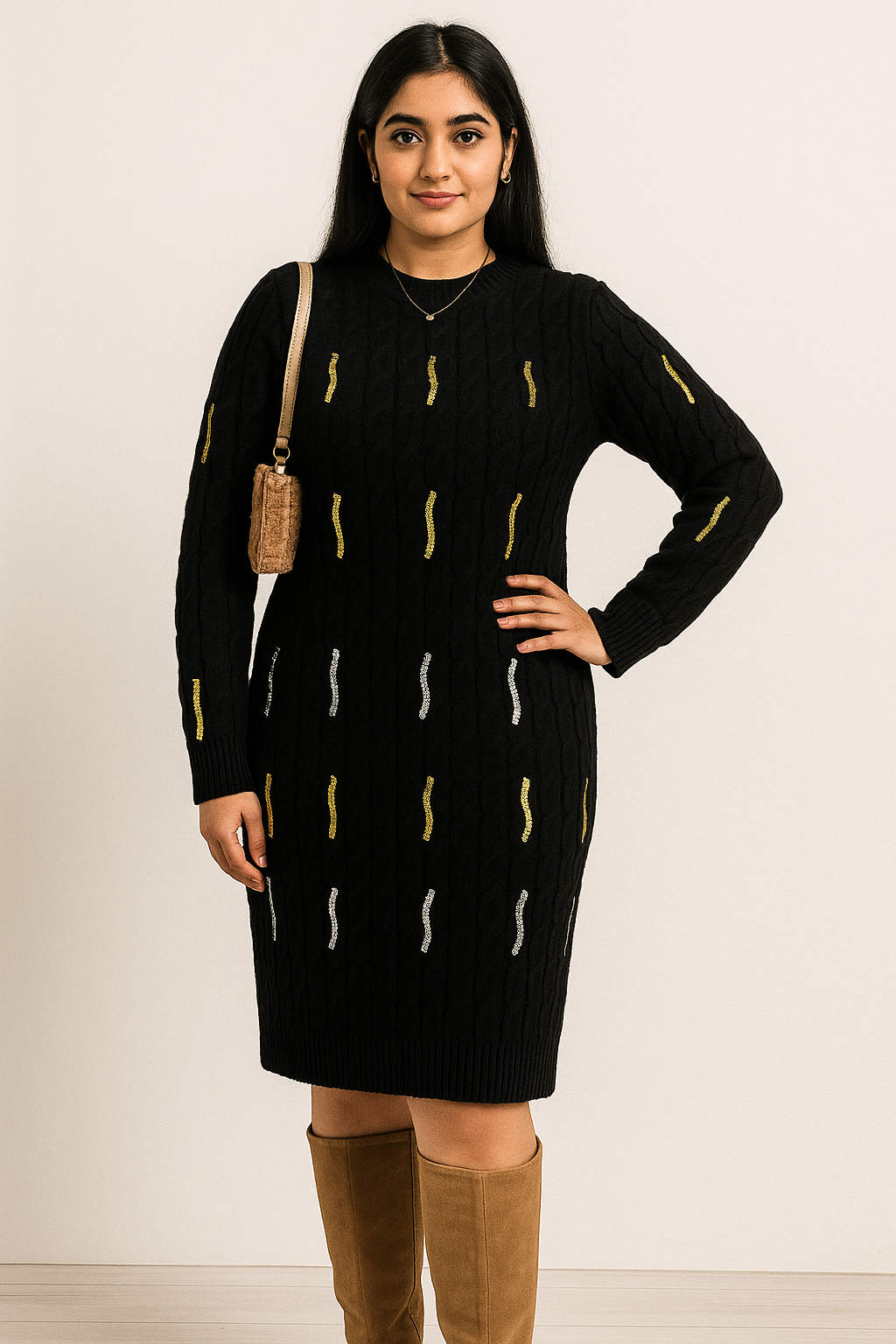 Imported Woolen Sweater Dress with Metallic Embroidery | Cable-Knit Pullover