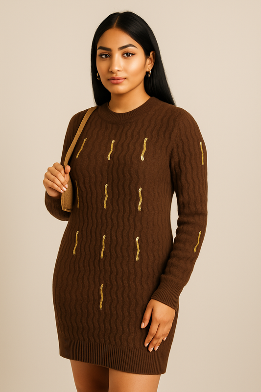 Imported Woolen Sweater Dress with Metallic Embroidery | Cable-Knit Pullover