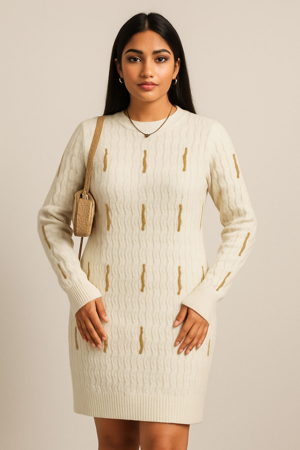 Imported Woolen Sweater Dress with Metallic Embroidery | Cable-Knit Pullover