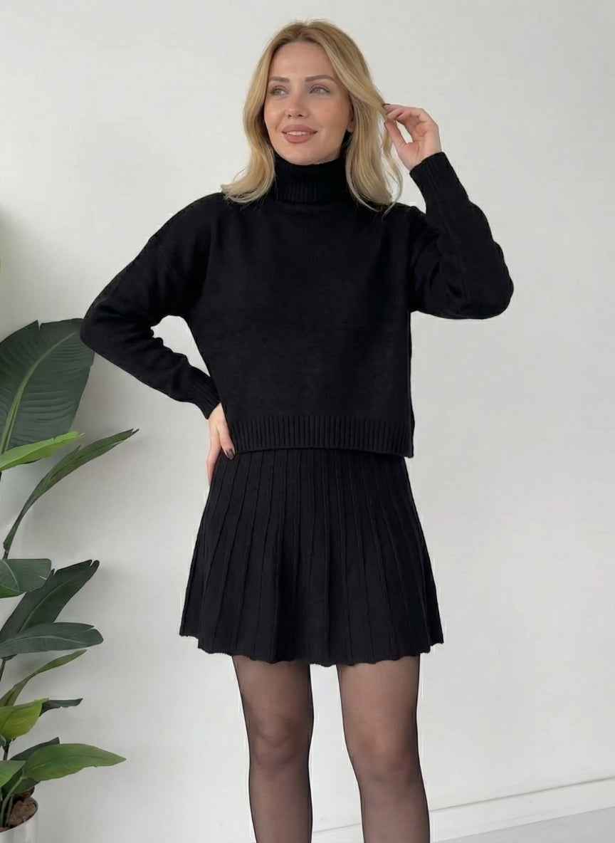 Chic Knitted Pleated Skirt Co-ord Set | High Neck Top & Mini Skirt