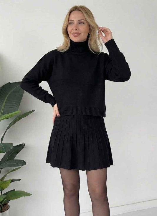 Chic Knitted Pleated Skirt Co-ord Set | High Neck Top & Mini Skirt