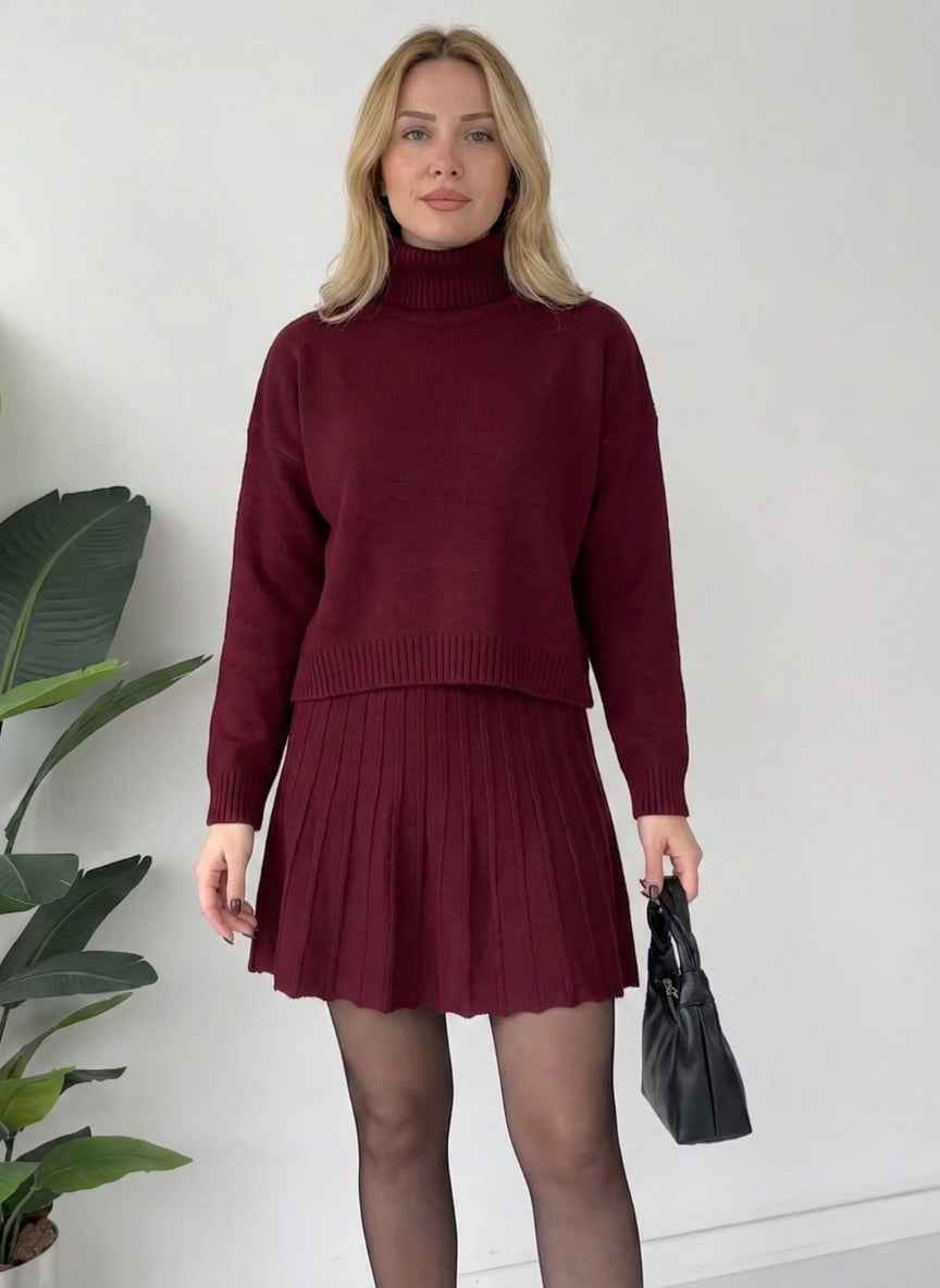 Chic Knitted Pleated Skirt Co-ord Set | High Neck Top & Mini Skirt