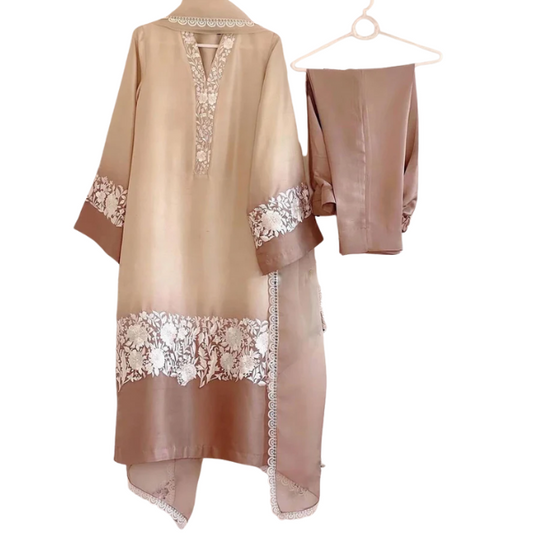 Aabha: Upada Silk Embroidered Suit with Pure Organza Dupatta