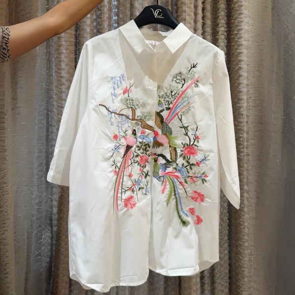 Chic Aviary Delight: Embroidered Aviary Cotton Shirt
