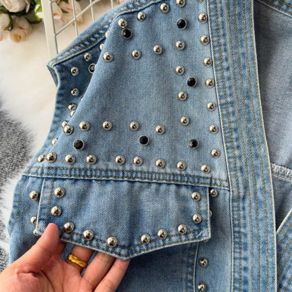 Studded Elegance Denim Vest