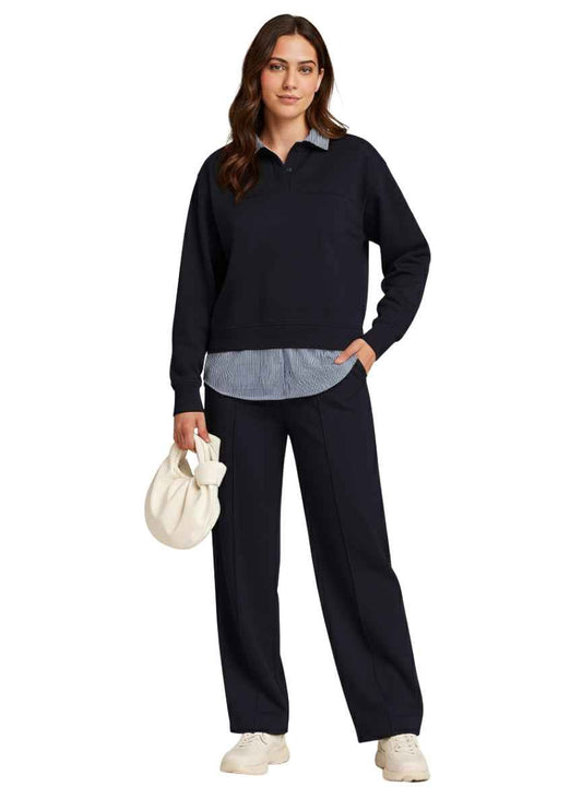 Polo Collar Sweatshirt & Wide-Leg Trousers Co-ord Set