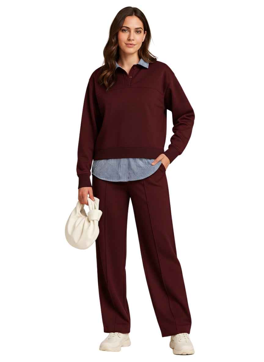 Polo Collar Sweatshirt & Wide-Leg Trousers Co-ord Set