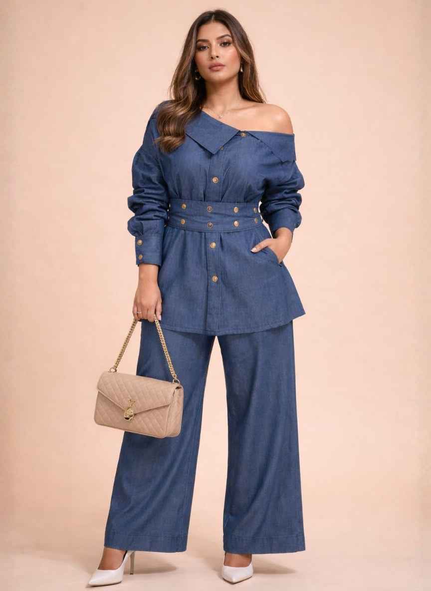 Chic Asymmetrical Belted Denim Co-ord Set | Top & Wide-Leg Pants