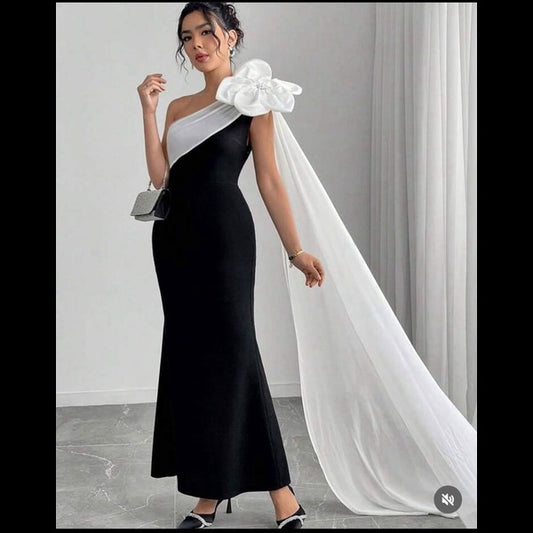Draped Bow One Shoulder Gown