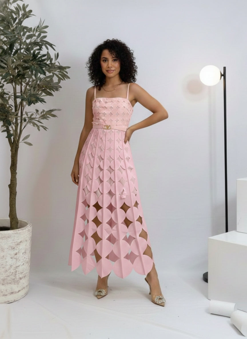Elegant Circle Cut-Work Strap Dress | Geometric Laser Cut Midi