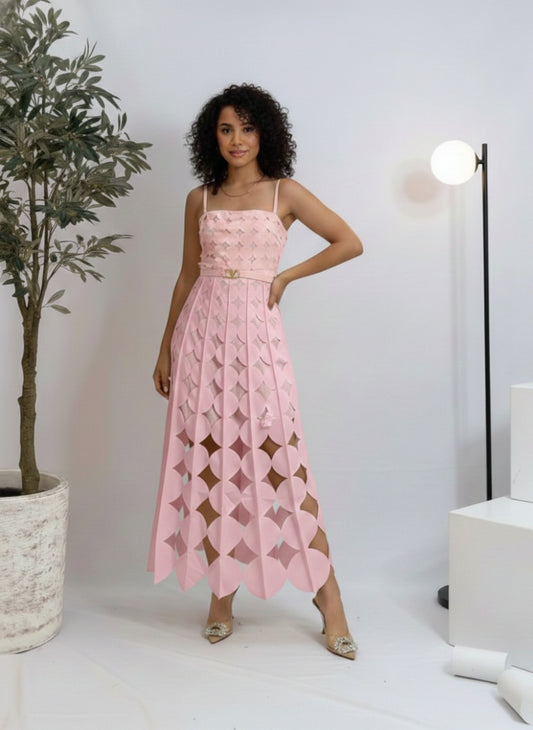Elegant Circle Cut-Work Strap Dress | Geometric Laser Cut Midi