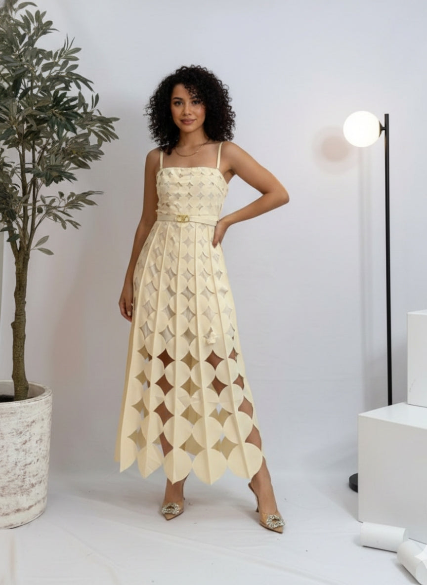 Elegant Circle Cut-Work Strap Dress | Geometric Laser Cut Midi